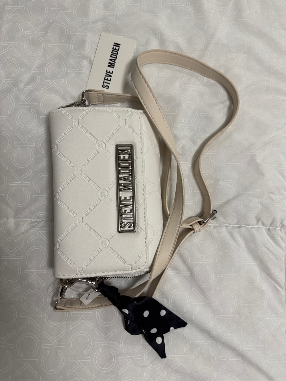 Steve Madden White Quilted Mini Crossbody with Polka Dot Scarf
